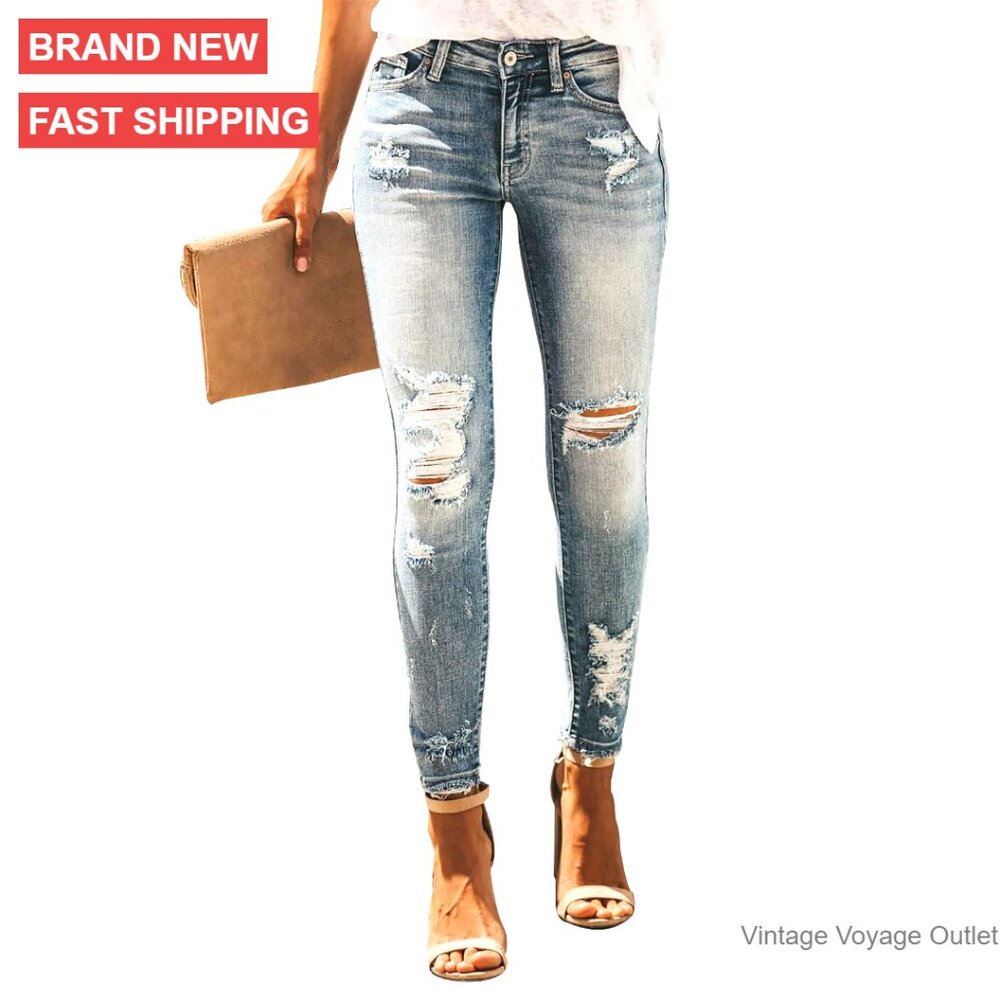 Ripped Skinny Jeans Stretchy Distressed Frayed Ankle Slim Fit Denim Pants